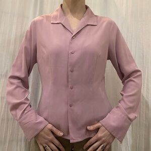 Dusty Pink Button Down Blouse Vintage 90s Roll Up Long Sleeves